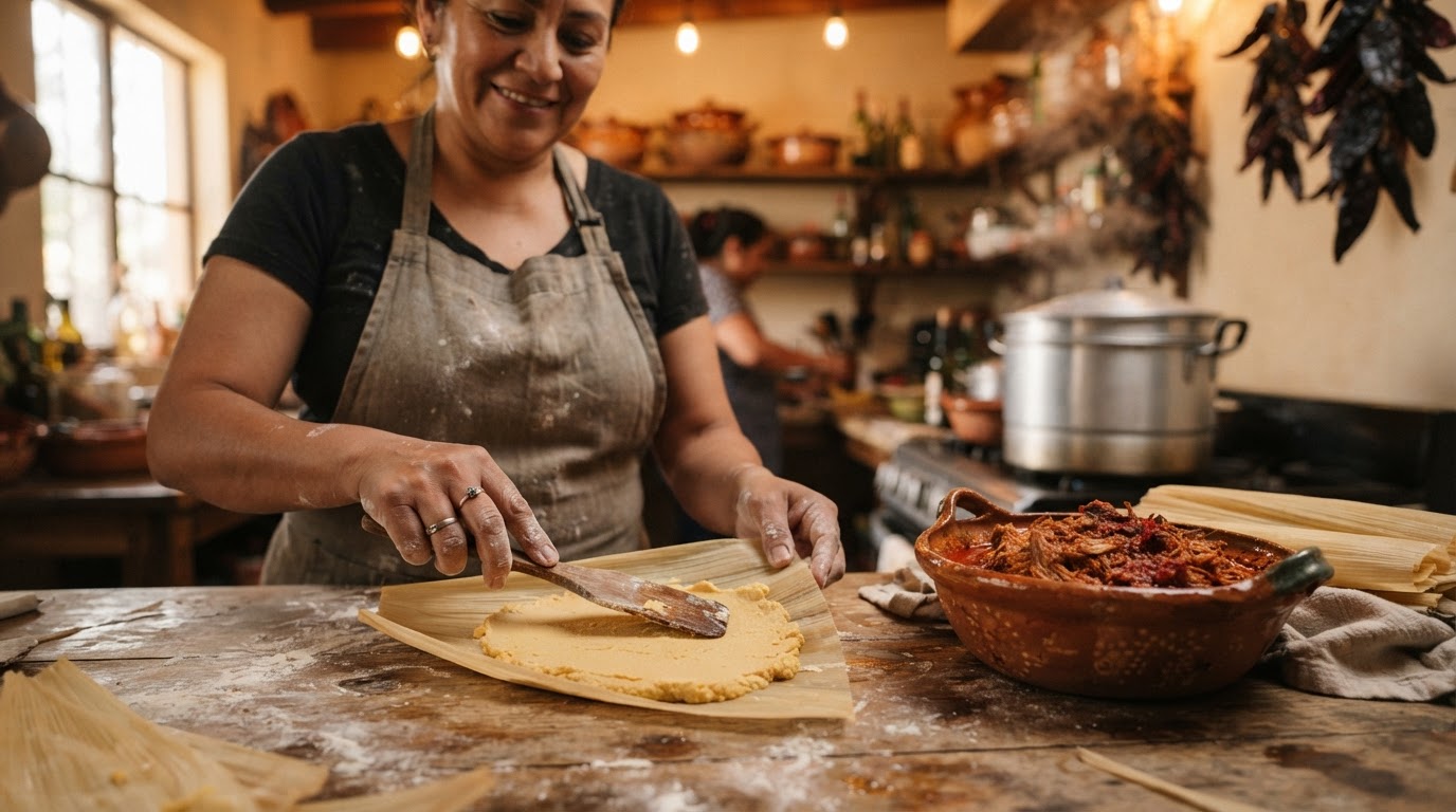 Handmade tamales with red chile pork and corn husks on a work surface